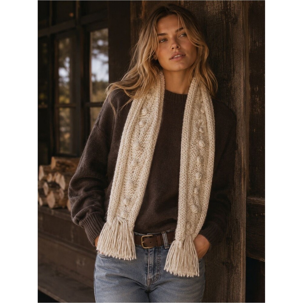 Vintage Y2K Abercrombie Cream Wool Blend Long Scarf Pom Pom & Fringe Details